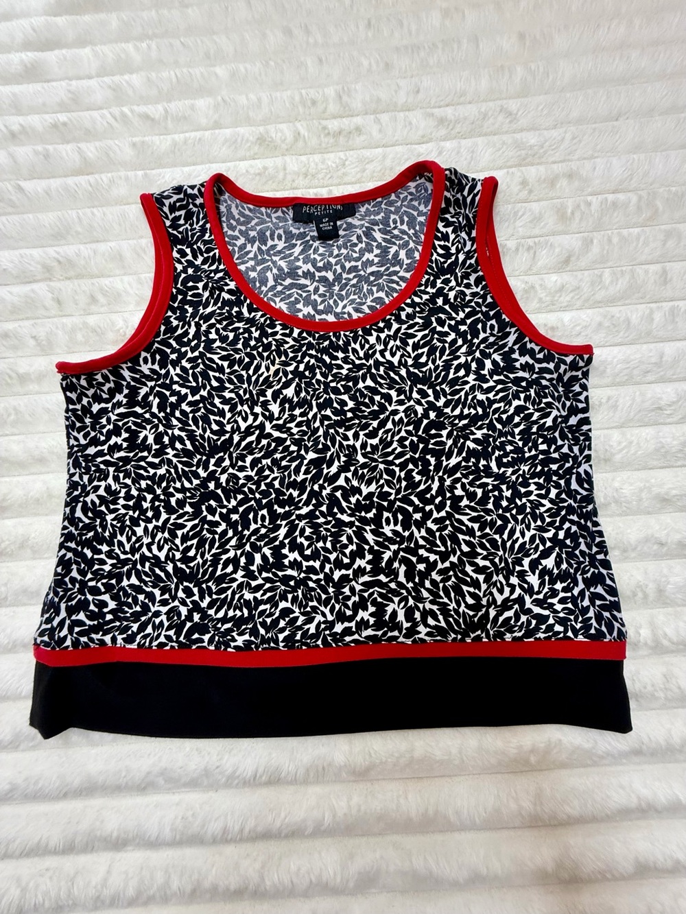 Perceptions Black & White Leaf-Print Tank with Red Trim